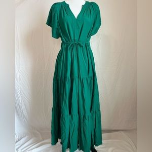 Calvin Klein Short Sleeve V-Neck Gauze MIDI Dress with Pleated Tiers